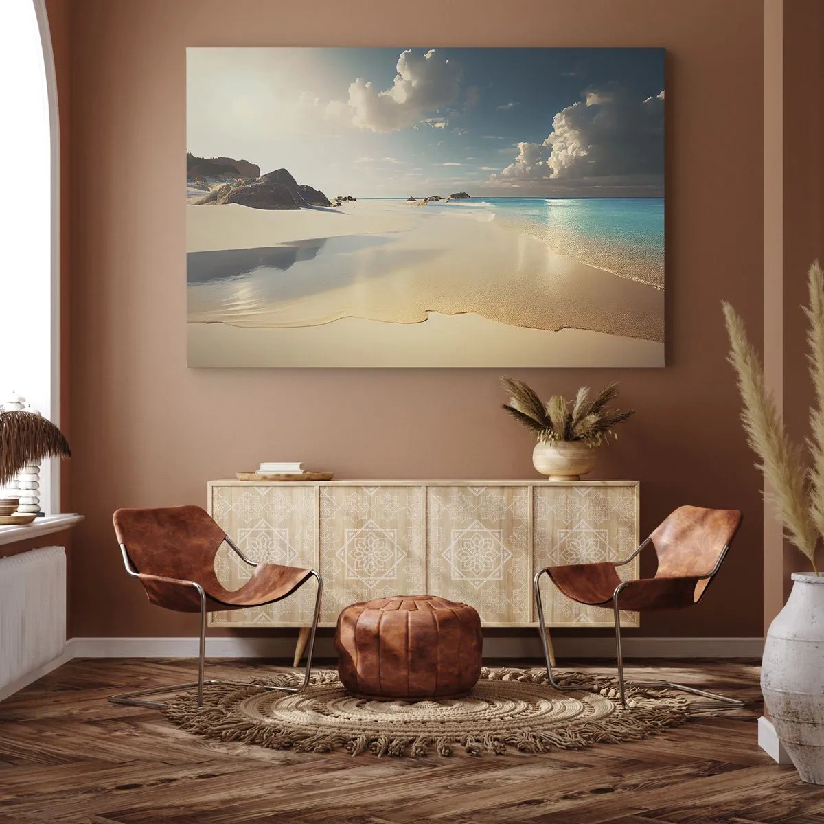 Canvastavla - Bild på duk - En solig strand med blått hav och klippor - 70x50cm - En drömlik dag - Modern väggdekoration för vardagsrum och sovrum ARTTOR