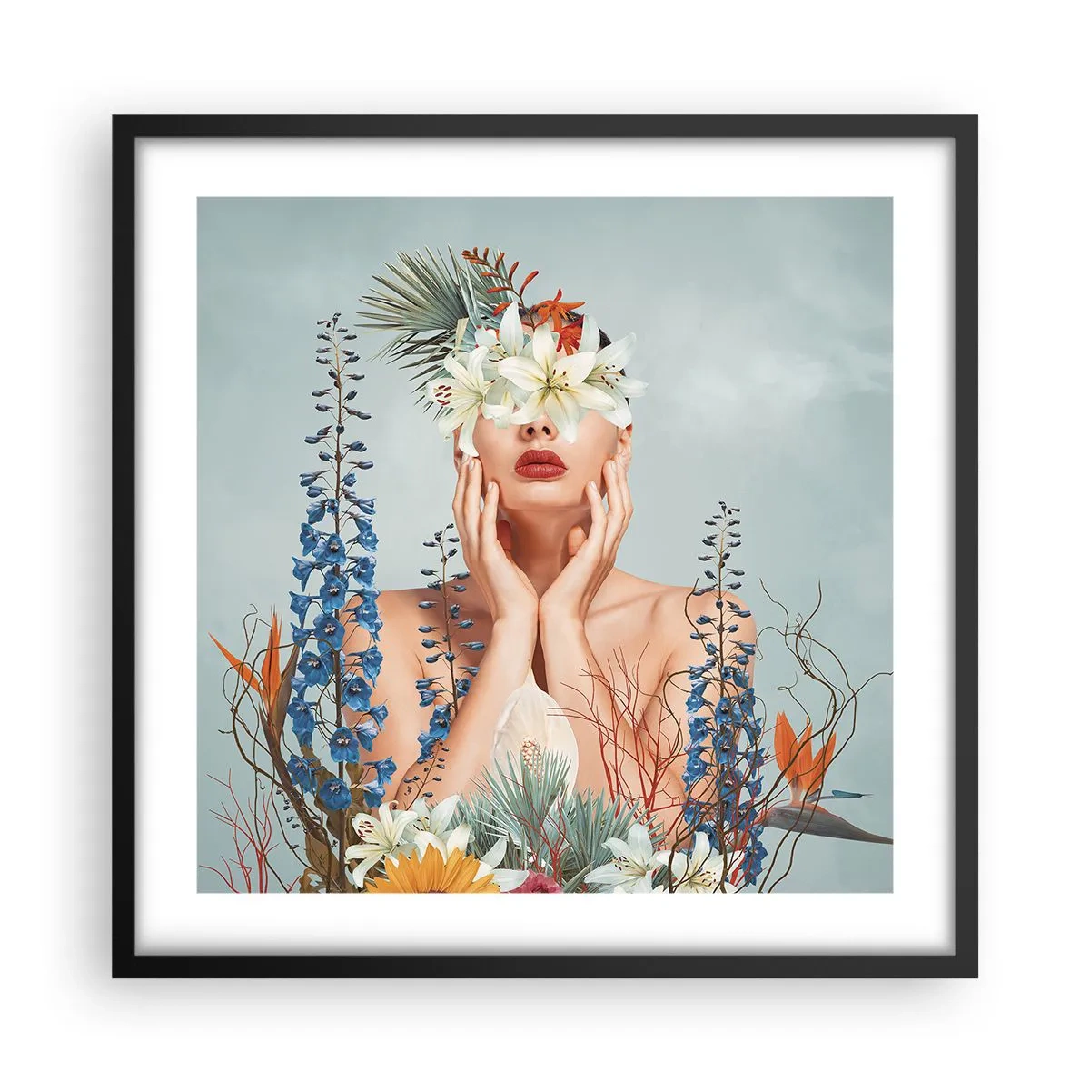 Affisch i svart ram - Kvinna - blomma - 50x50 cm