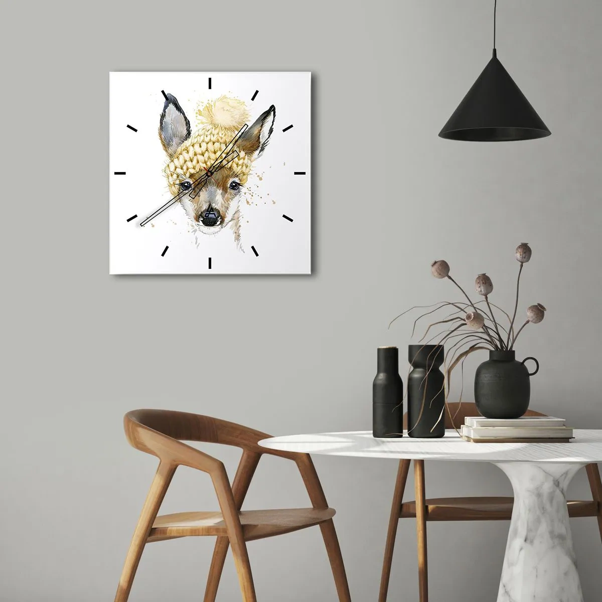 Väggklocka - Klocka på glas - För vinter i insnöad skog - 30x30 cm