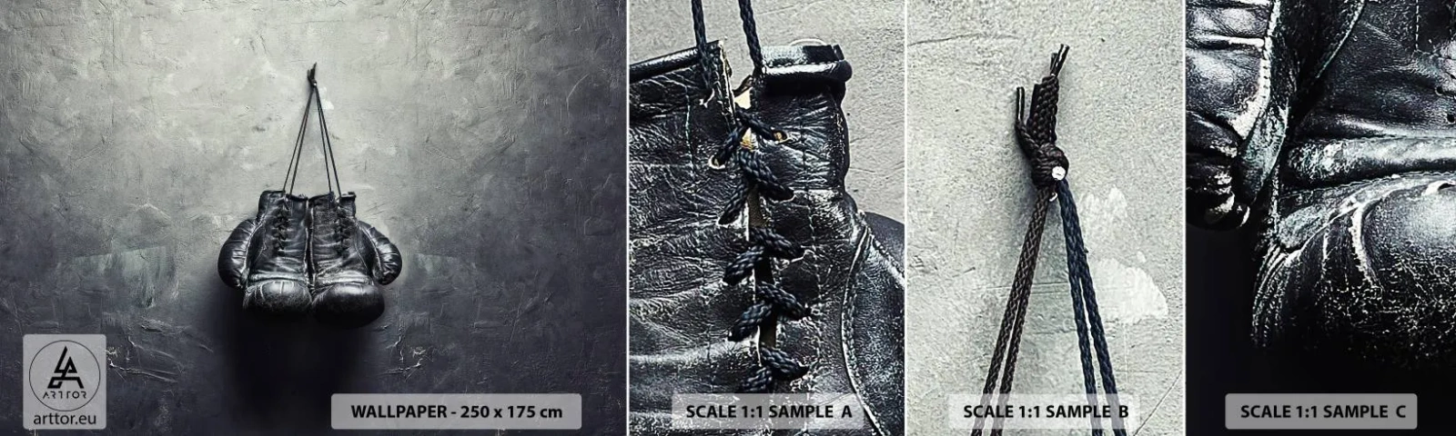 Provbit av självhäftande fototapet Deluxe Sticker - Stridens tid och fredens tid - Låda, Boxnings handskar, Årgång - 100x30 cm