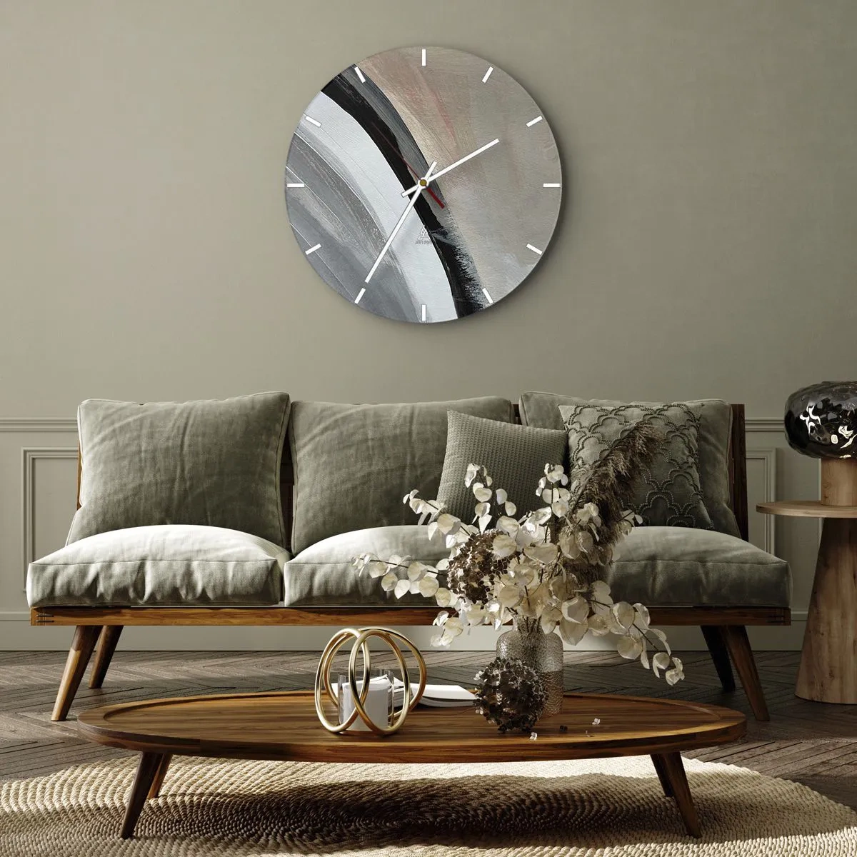 Väggklocka - Klocka på glas - Komposition: en båge av svart och grått - 40x40 cm