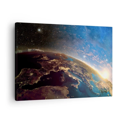 Canvastavla - Bild på duk - Vy över jorden från rymden vid soluppgången - 70x50cm - Låt oss titta på varandra på avstånd - Modern väggdekoration för vardagsrum och sovrum ARTTOR