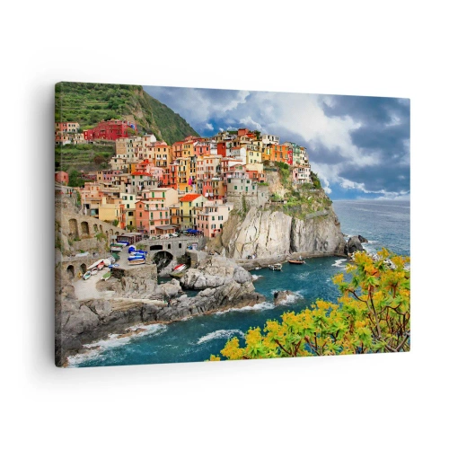 Canvastavla - Bild på duk - Färgglada hus på en klippa med utsikt över havet i Cinque Terre - 70x50cm - I bergets famn - Modern väggdekoration för vardagsrum och sovrum ARTTOR