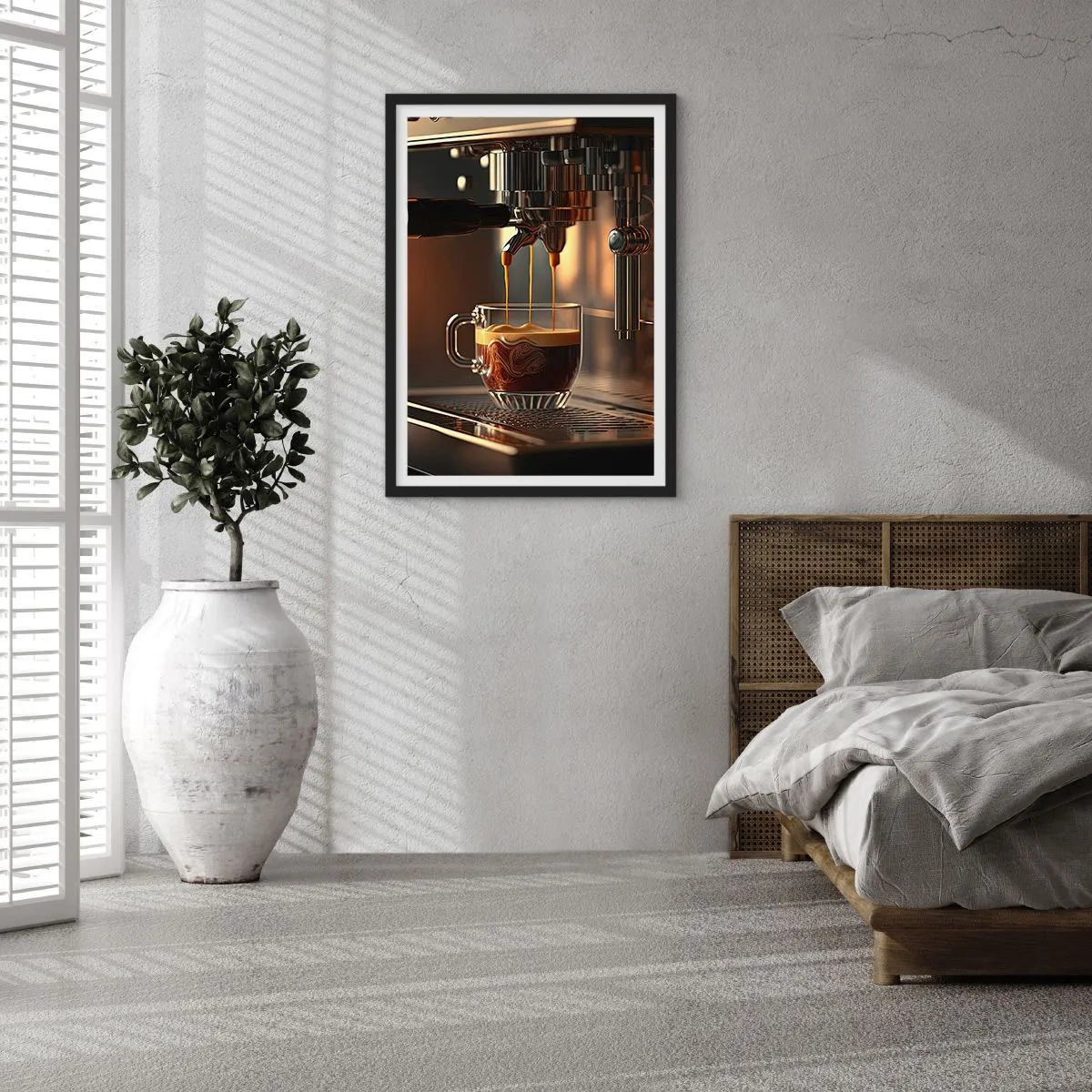 Affisch i svart ram - En kaffemaskin som häller espresso i en kopp - 50x70cm - En sensuell blandning - Modern väggdekoration för vardagsrum och sovrum ARTTOR