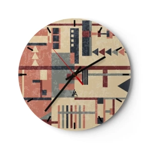 Väggklocka - Klocka på glas - Abstrakt geometriskt mönster i nyanser av beige, rött och grått - 30x30cm - Kombination av vertikala och horisontella element - Modern väggdekoration för vardagsrum, kök och sovrum ARTTOR