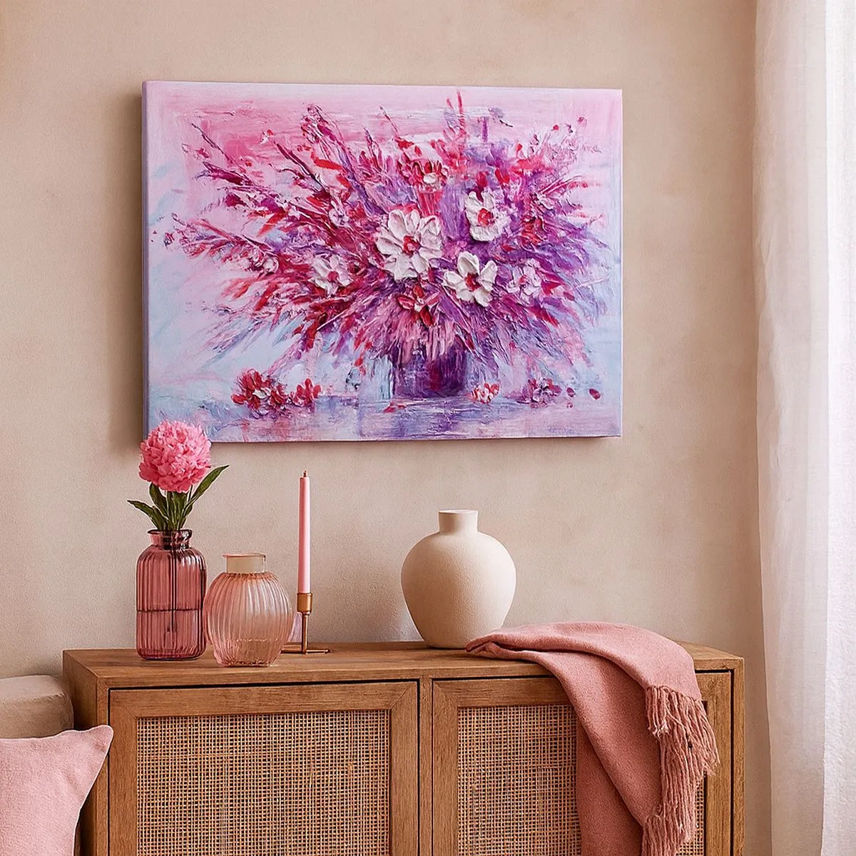 Canvastavla - Bild på duk - En färgglad blombukett i nyanser av rosa och lila - 70x50cm - Oskuld och passion - Modern väggdekoration för vardagsrum och sovrum ARTTOR