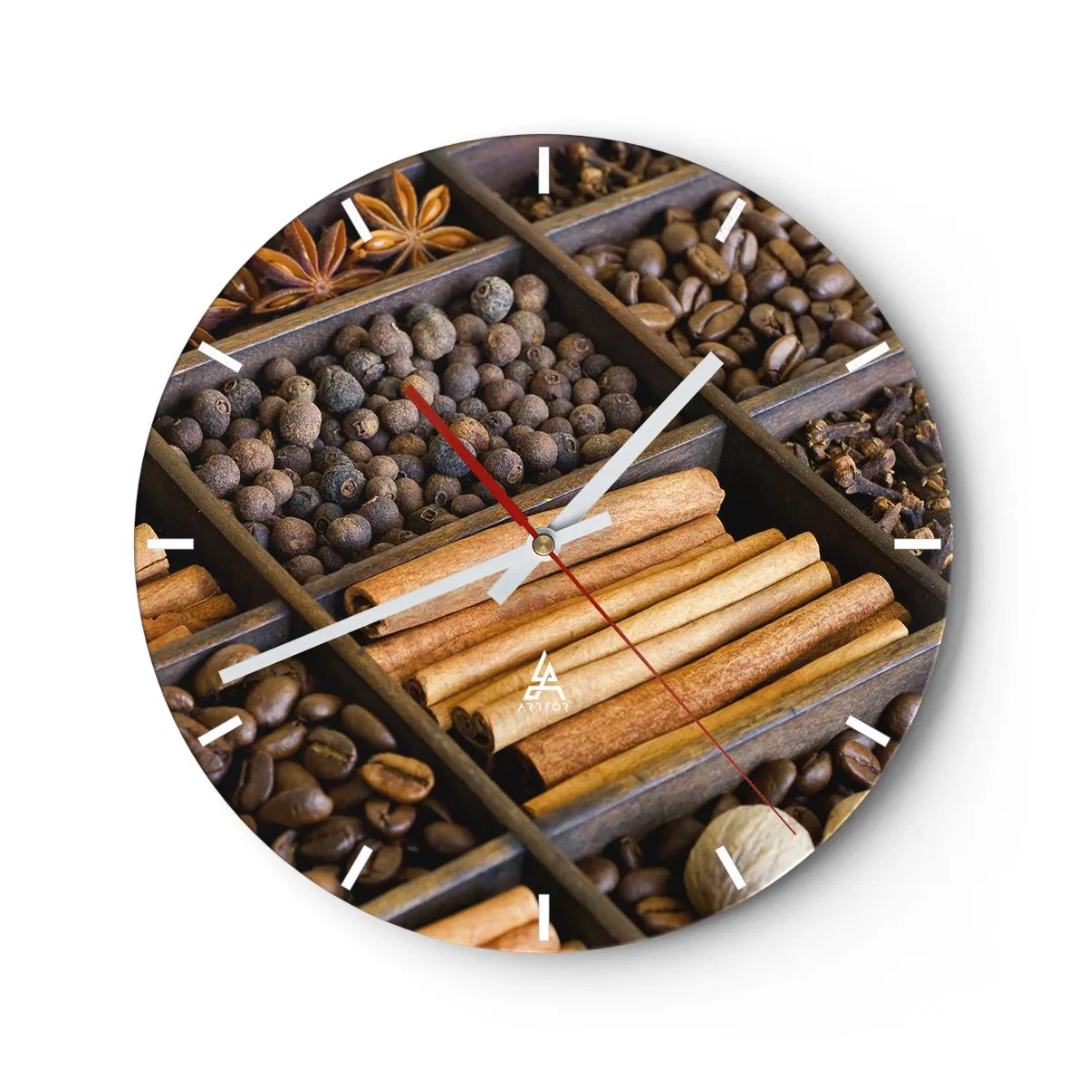 Väggklocka - Klocka på glas - Träpartition med olika kryddor och kaffe - 30x30cm - Aromskattekista - Modern väggdekoration för vardagsrum, kök och sovrum ARTTOR
