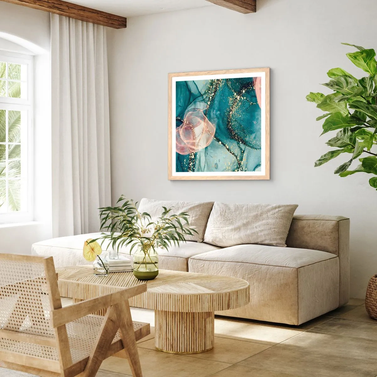 Affisch i ram av ljusek - Sidenblå, tyllrosa - 60x60 cm