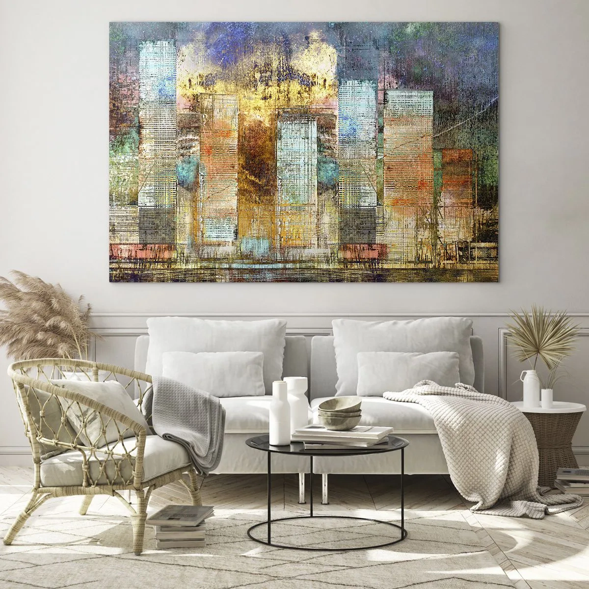 Glastavla - Bild på glas - Färgglatt abstrakt panorama av stadens skyskrapor i konstnärlig stil - 70x50cm - Solig metropol - Modern väggdekoration för vardagsrum och sovrum ARTTOR