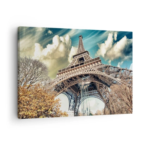 Canvastavla - Bild på duk - Eiffeltornet underifrån i en höstlig miljö - 70x50cm - Och på hösten i Paris... - Modern väggdekoration för vardagsrum och sovrum ARTTOR