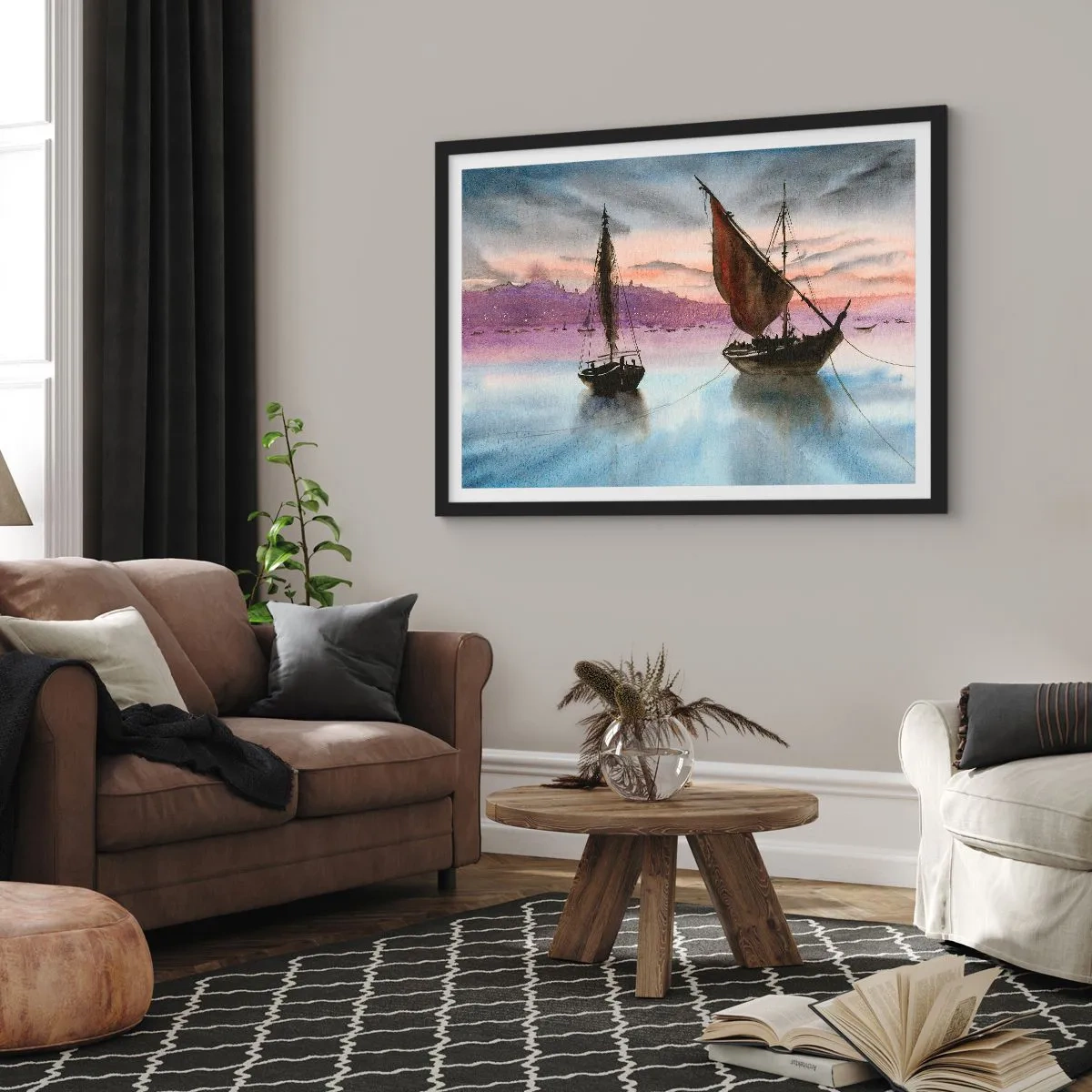 Affisch i svart ram - Kväll i hamnen - 91x61 cm