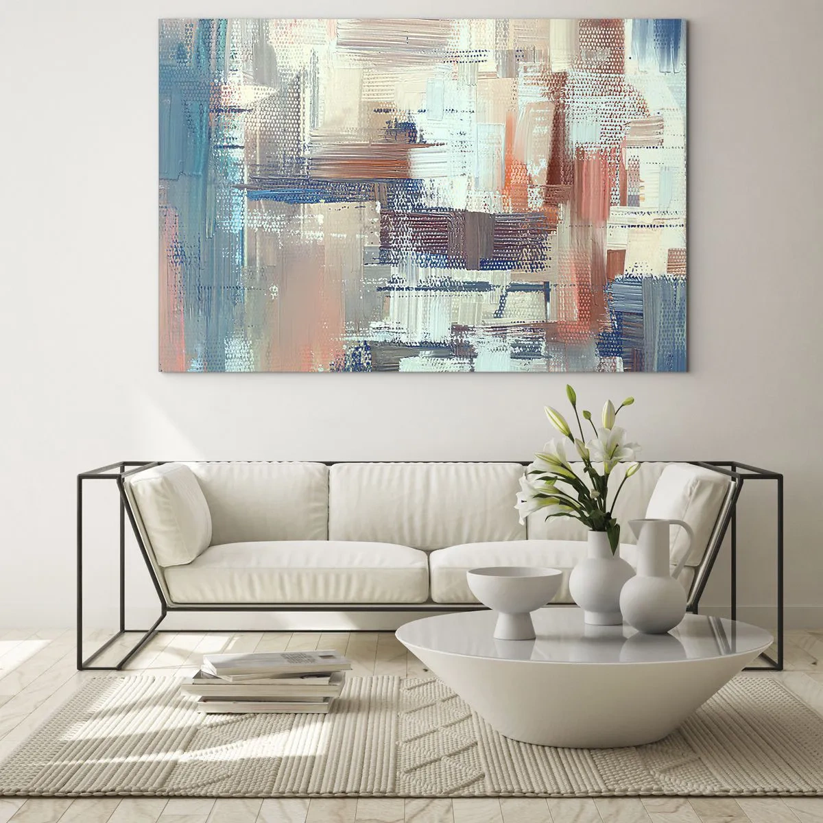 Glastavla - Bild på glas - Färgglad abstraktion med horisontella och vertikala penseldrag - 70x50cm - Att nå ljuset - Modern väggdekoration för vardagsrum och sovrum ARTTOR