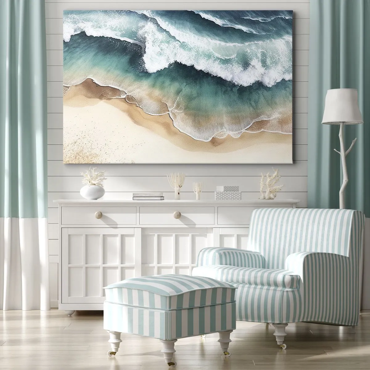 Canvastavla - Bild på duk - Utsikt över stranden och havets vågor i turkosa nyanser - 70x50cm - Ett evigt möte - Modern väggdekoration för vardagsrum och sovrum ARTTOR