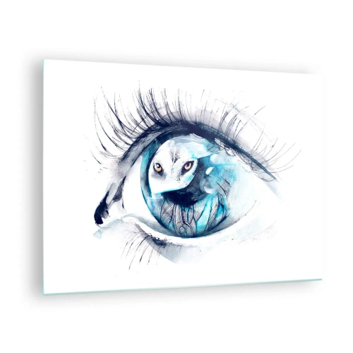 Glastavla - Bild på glas - Ett kvinnas öga med ett ugglemotiv i akvarellstil - 70x50cm - Öga mot öga med det vilda - Modern väggdekoration för vardagsrum och sovrum ARTTOR