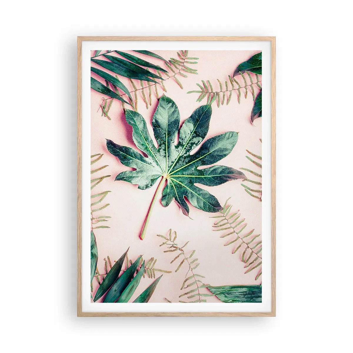 Affisch i ram av ljusek - Grönskans studie mot rosa bakgrund - 70x100 cm