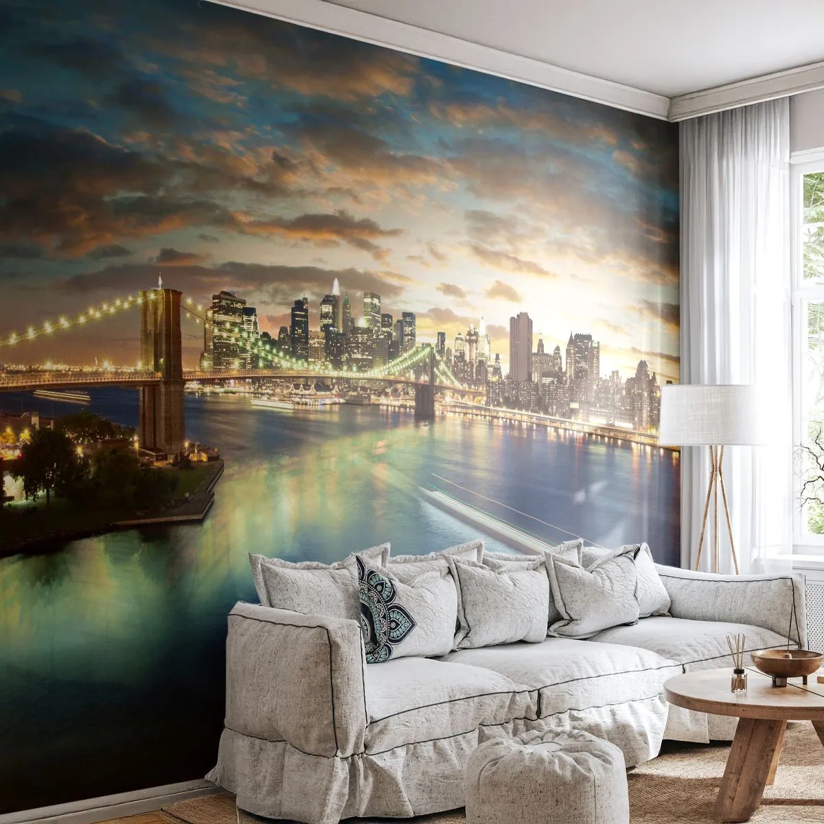 Fototapet Premium Sand - En ljus kväll över Manhattan. - Stad, Bro, New York - 100x70 cm