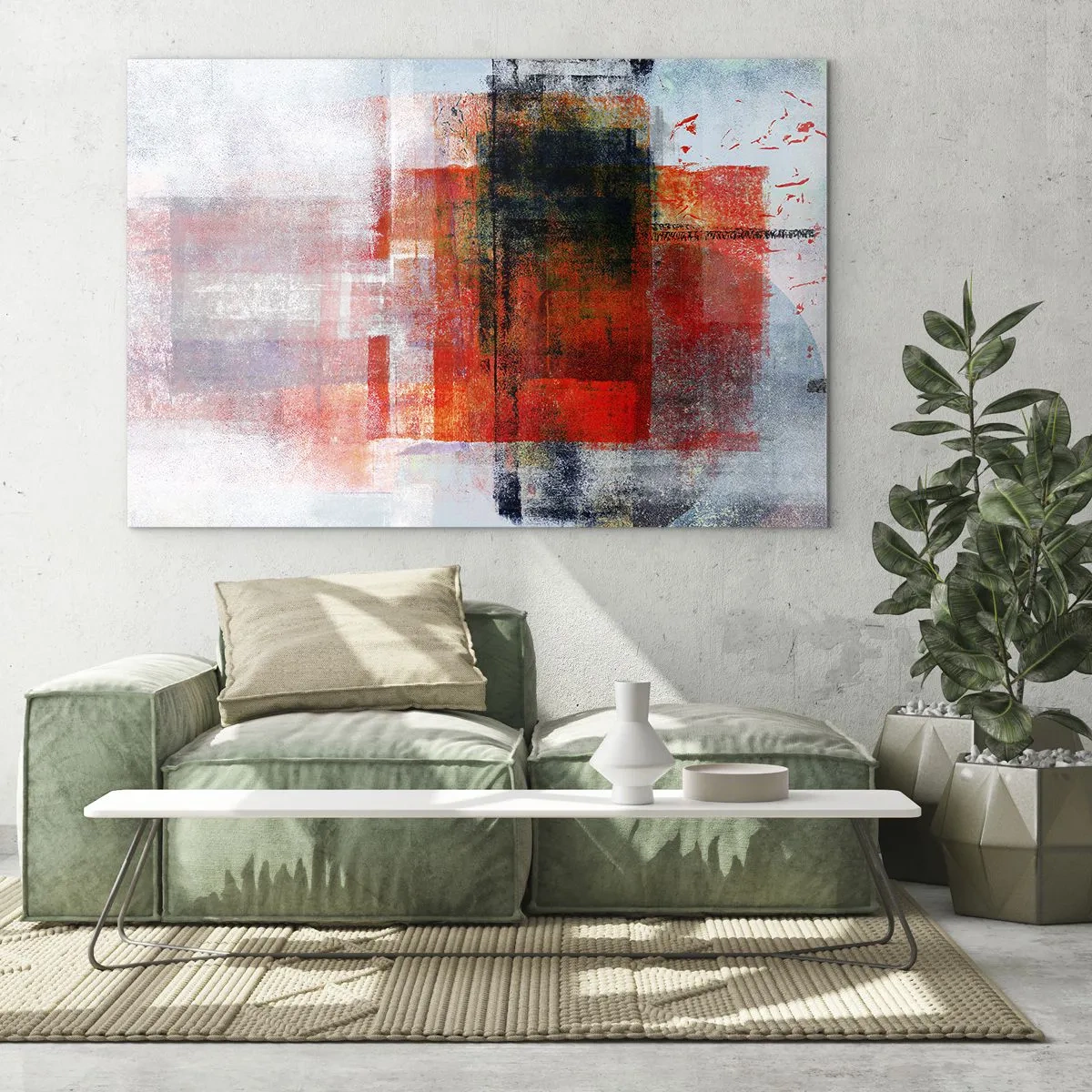 Glastavla - Bild på glas - Geometrisk abstraktion i intensiva nyanser av rött och svart. - 70x50cm - Glödande komposition - Modern väggdekoration för vardagsrum och sovrum ARTTOR