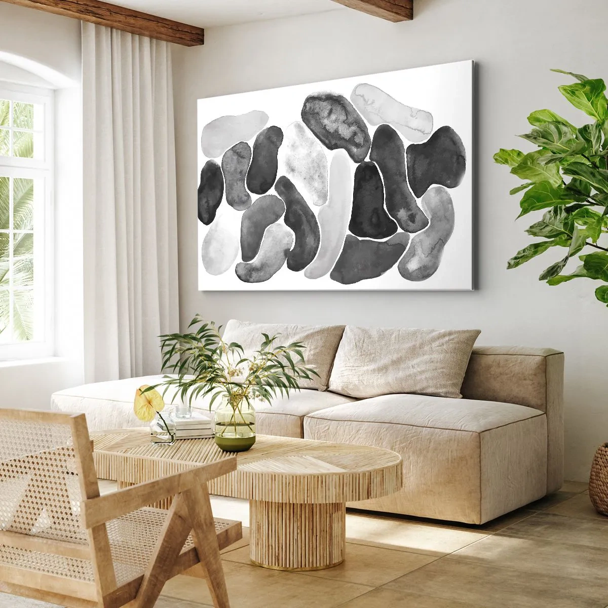 Canvastavla - Bild på duk - Svartvit abstraktion med oregelbundna fläckar på vit bakgrund - 70x50cm - Stenig abstraktion - Modern väggdekoration för vardagsrum och sovrum ARTTOR