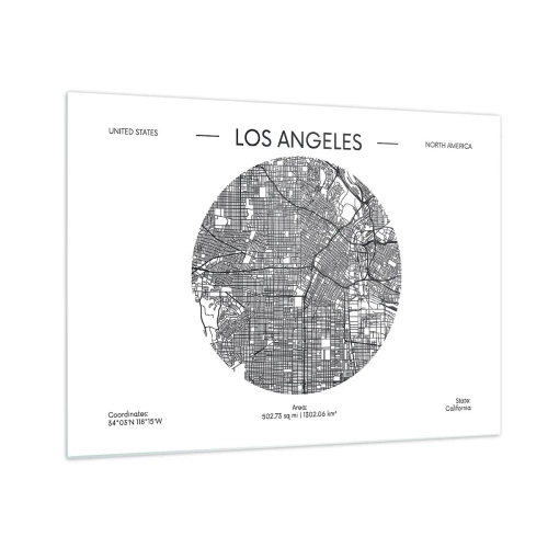 Glastavla - Bild på glas - En minimalistisk svartvit karta över Los Angeles. - 70x50cm - Los Angeles anatomi - Modern väggdekoration för vardagsrum och sovrum ARTTOR