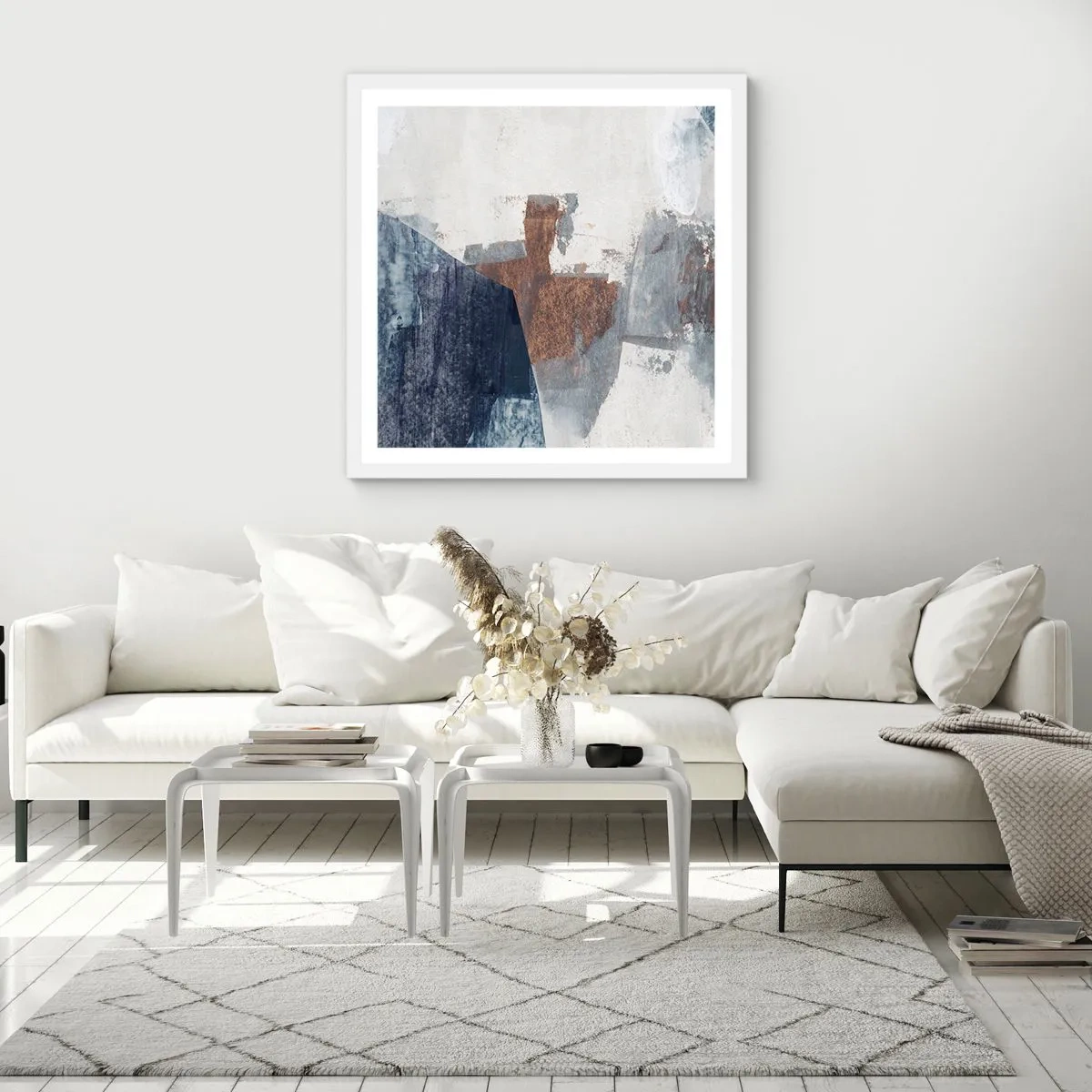 Affisch i vit ram - Blåbruna former - 60x60 cm