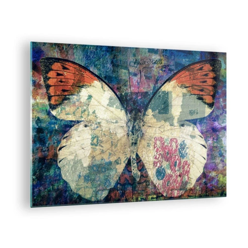 Glastavla - Bild på glas - En färgglad fjäril på en abstrakt bakgrund i nyanser av blått och orange. - 70x50cm - Subtil bräcklighet - Modern väggdekoration för vardagsrum och sovrum ARTTOR