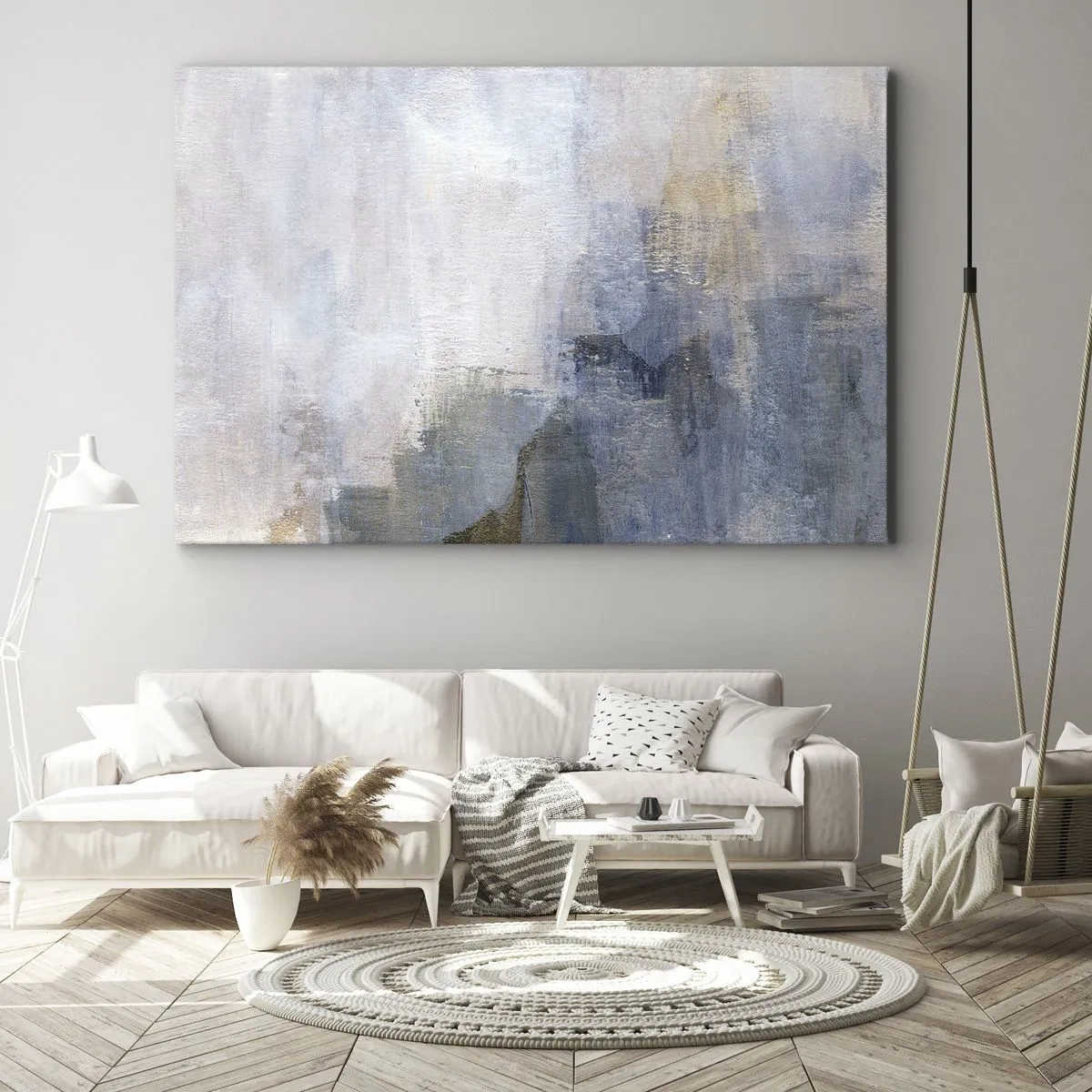 Canvastavla - Bild på duk - Subtila abstrakta fläckar i nyanser av blått och beige - 70x50cm - Färgernas toner och ackord - Modern väggdekoration för vardagsrum och sovrum ARTTOR