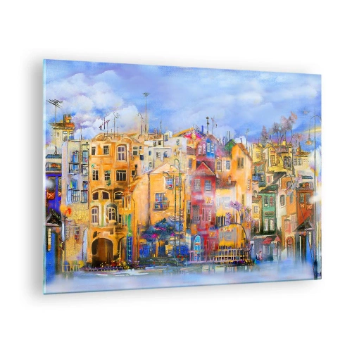 Glastavla - Bild på glas - Färgglada hyreshus i en konstnärlig stadsmiljö - 70x50cm - Vi är tillsammans - Modern väggdekoration för vardagsrum och sovrum ARTTOR