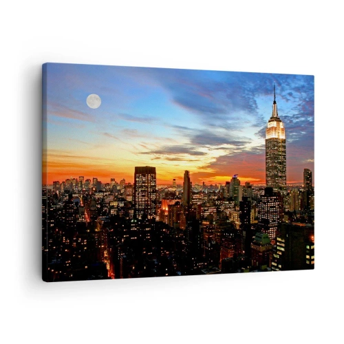 Canvastavla - Bild på duk - Stadspanorama med upplysta skyskrapor i skymningen - 70x50cm - Amerikansk ljus natt - Modern väggdekoration för vardagsrum och sovrum ARTTOR