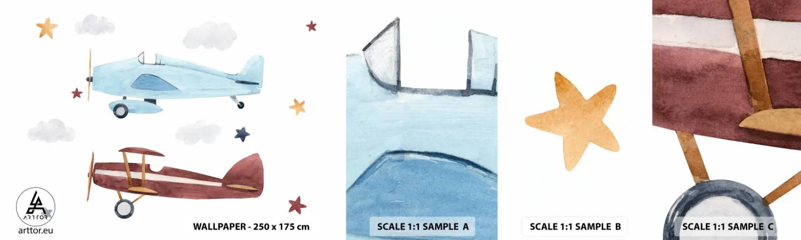 Provbit av självhäftande fototapet Deluxe Sticker - Herr pilot, vi väntar! - Flygplan, Retro, Barns - 100x30 cm