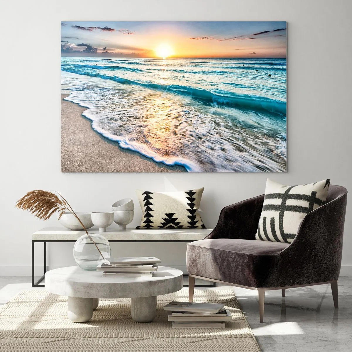 Glastavla - Bild på glas - Strand på morgonen med vågor och soluppgång - 70x50cm - Vy värd besväret - Modern väggdekoration för vardagsrum och sovrum ARTTOR