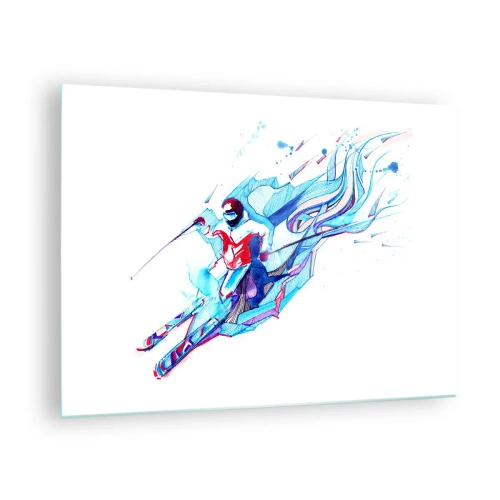 Glastavla - Bild på glas - En dynamisk figur av en skidåkare i abstrakta färger - 70x50cm - Galet slalomlopp mot glädjen - Modern väggdekoration för vardagsrum och sovrum ARTTOR