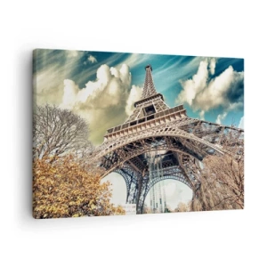 Canvastavla - Bild på duk - Eiffeltornet underifrån i en höstlig miljö - 70x50cm - Och på hösten i Paris... - Modern väggdekoration för vardagsrum och sovrum ARTTOR