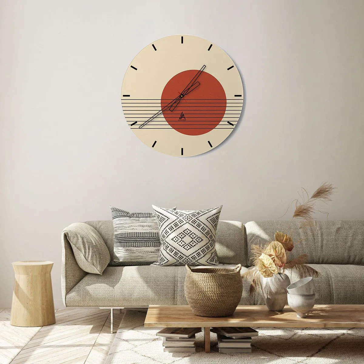 Väggklocka - Klocka på glas - Geometriskt motiv med en orange cirkel och svarta linjer - 30x30cm - Cirkel och linjer - Modern väggdekoration för vardagsrum, kök och sovrum ARTTOR
