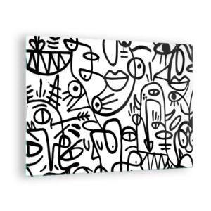 Glastavla - Bild på glas - Svartvit abstraktion med ögon, ansikten och linjer - 70x50cm - Ansikten och hägringar - Modern väggdekoration för vardagsrum och sovrum ARTTOR