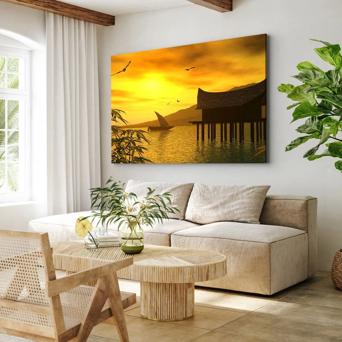 Canvastavla - Bild på duk - Tropisk solnedgång över vatten med trähus på pålar. - 70x50cm - Efterlängtad ro - Modern väggdekoration för vardagsrum och sovrum ARTTOR