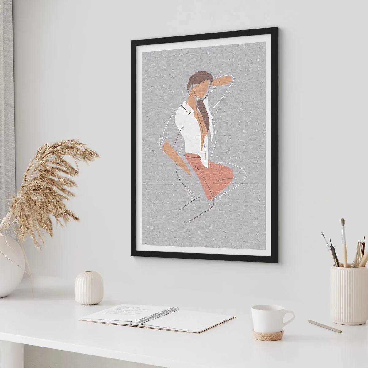 Affisch i svart ram - En minimalistisk silhuett av en kvinna mot en grå bakgrund - 50x70cm - Charmens kontur - Modern väggdekoration för vardagsrum och sovrum ARTTOR