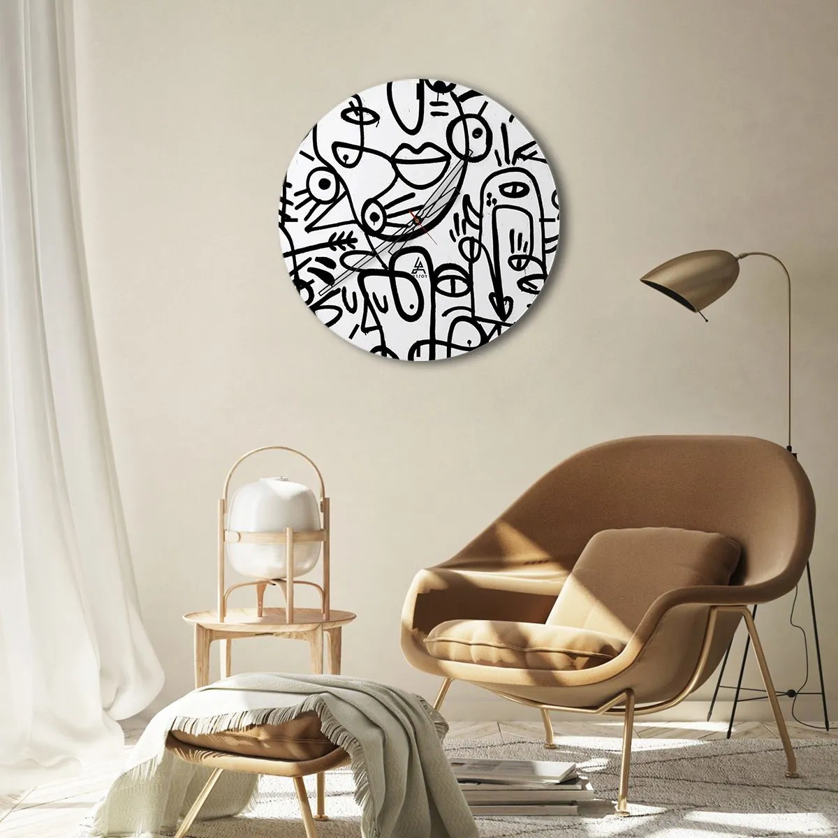 Väggklocka - Klocka på glas - Abstrakta linjekonst ansikten på vit bakgrund - 30x30cm - Ansikten och hägringar - Modern väggdekoration för vardagsrum, kök och sovrum ARTTOR