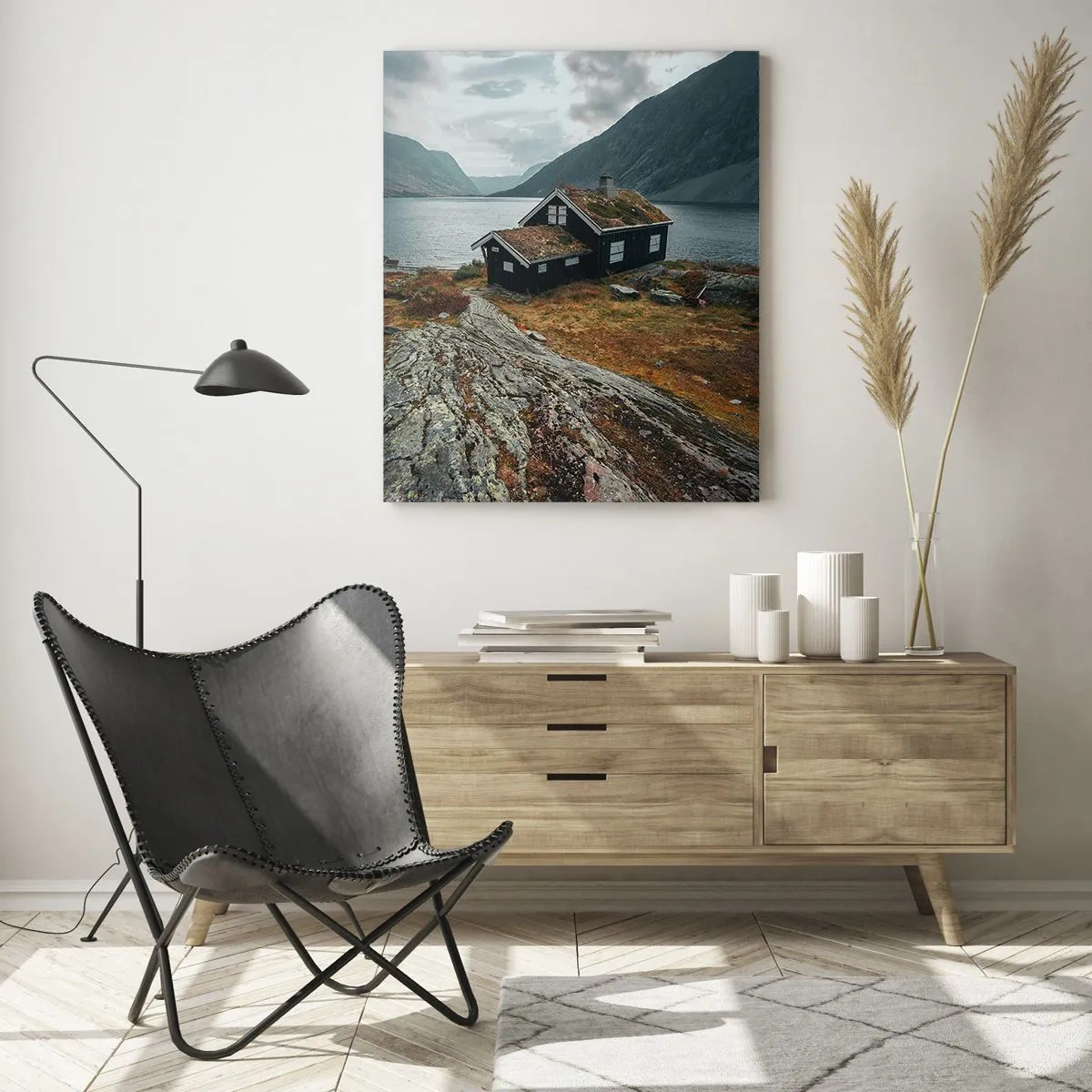 Glastavla - Bild på glas - Sommarort vid fjorden - 50x70 cm