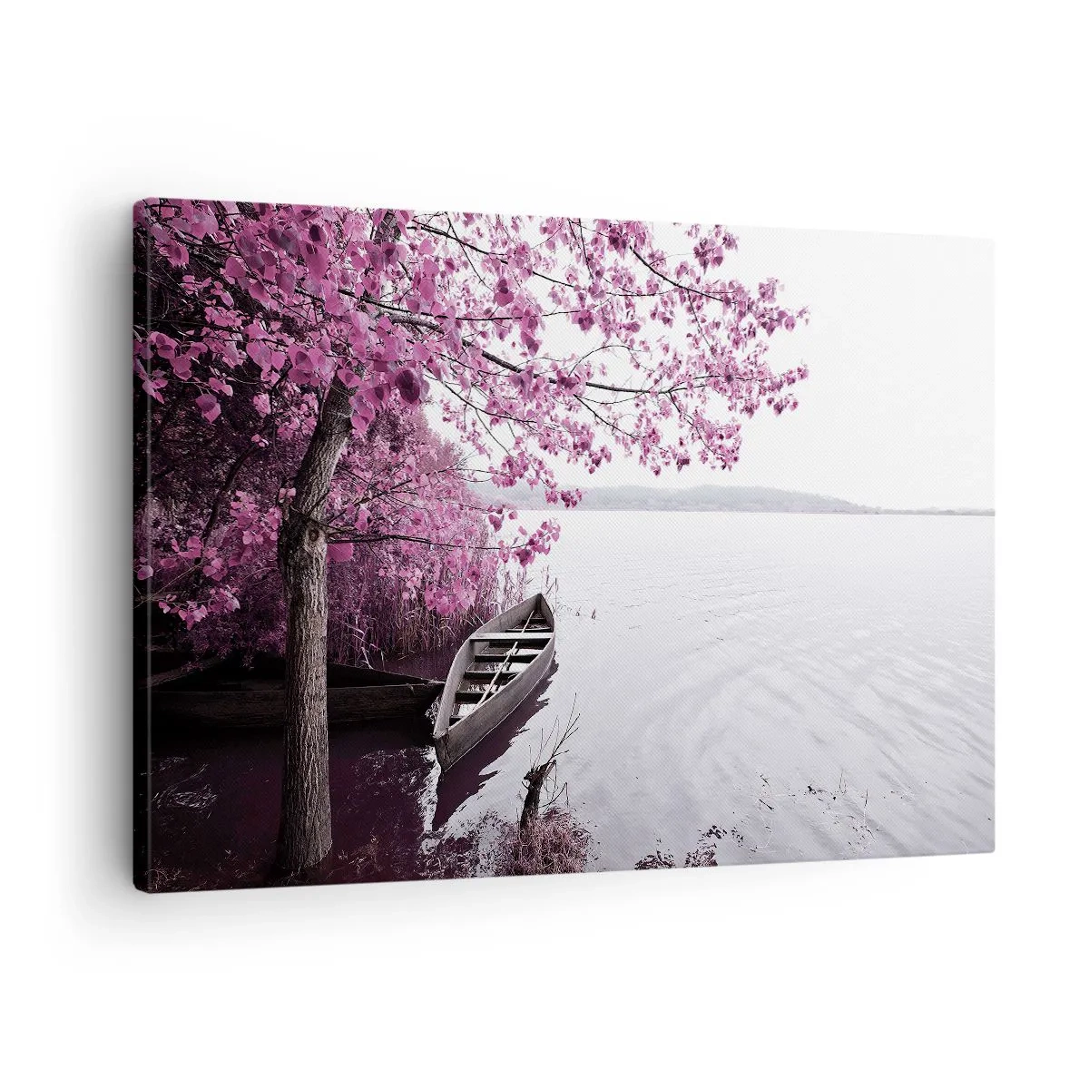 Canvastavla - Bild på duk - En båt vid stranden av en sjö bland rosa träd - 70x50cm - I rosa tystnad - Modern väggdekoration för vardagsrum och sovrum ARTTOR