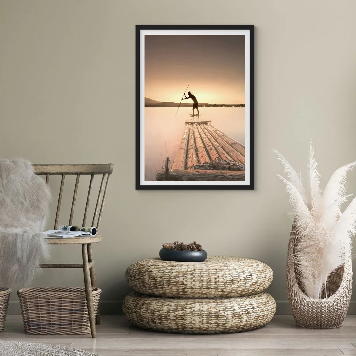 Affisch i svart ram - En figur på en bambuflotte vid solnedgången - 50x70cm - Före avkoppling - Modern väggdekoration för vardagsrum och sovrum ARTTOR