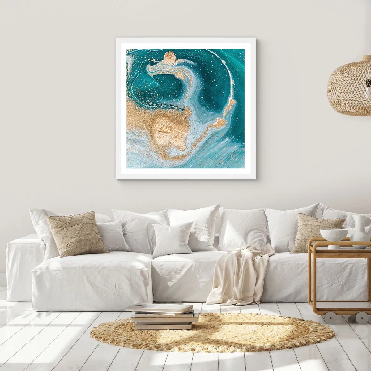 Affisch i vit ram - Guld- och turkosvirvel - 40x40 cm