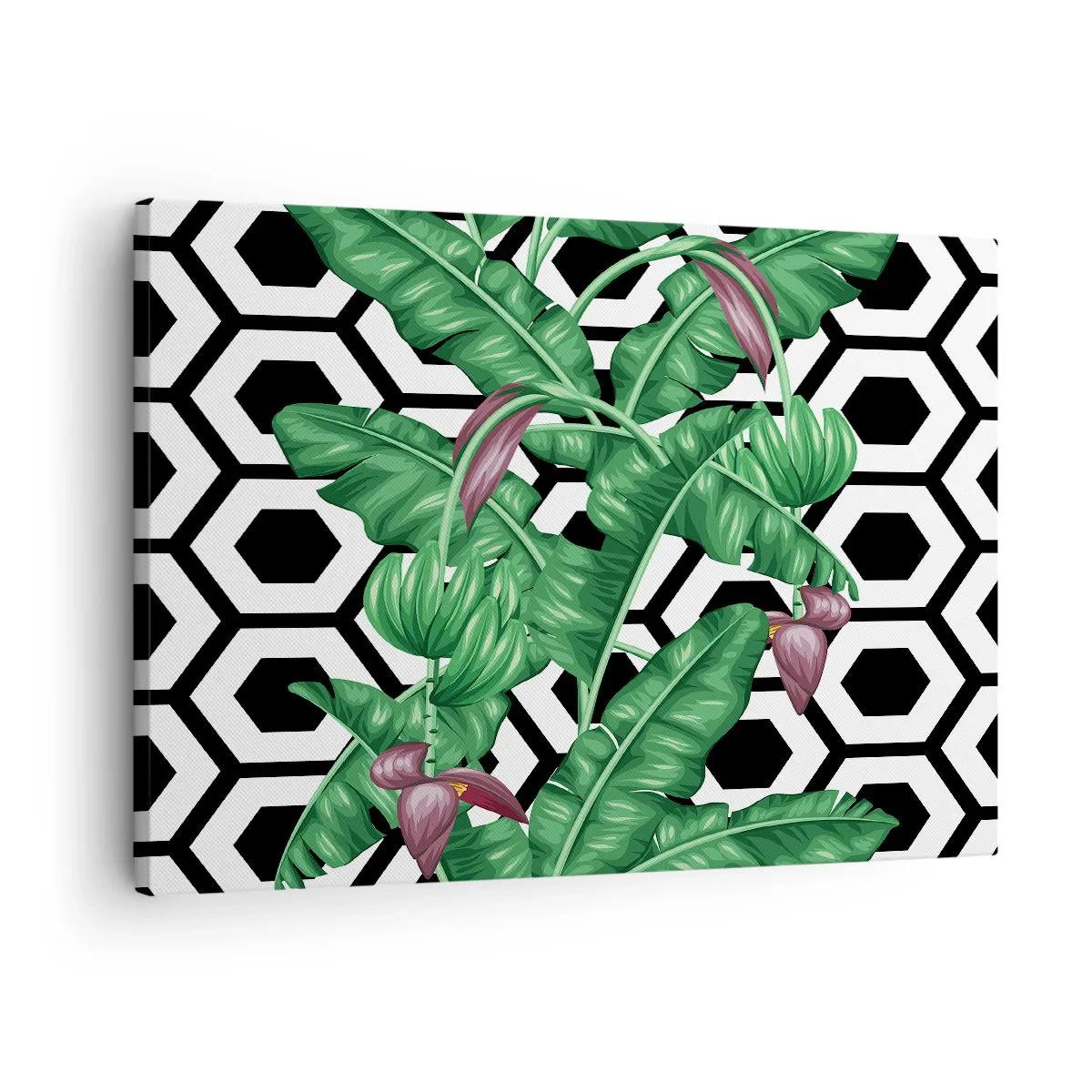 Canvastavla - Bild på duk - Tropiska löv på en geometrisk bakgrund - 70x50cm - Symmetrisk komposition från naturen - Modern väggdekoration för vardagsrum och sovrum ARTTOR
