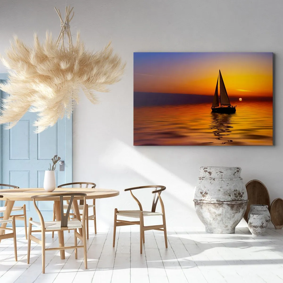 Canvastavla - Bild på duk - En segelbåt på ett lugnt hav vid solnedgången - 70x50cm - Så tyst i skymningen... - Modern väggdekoration för vardagsrum och sovrum ARTTOR