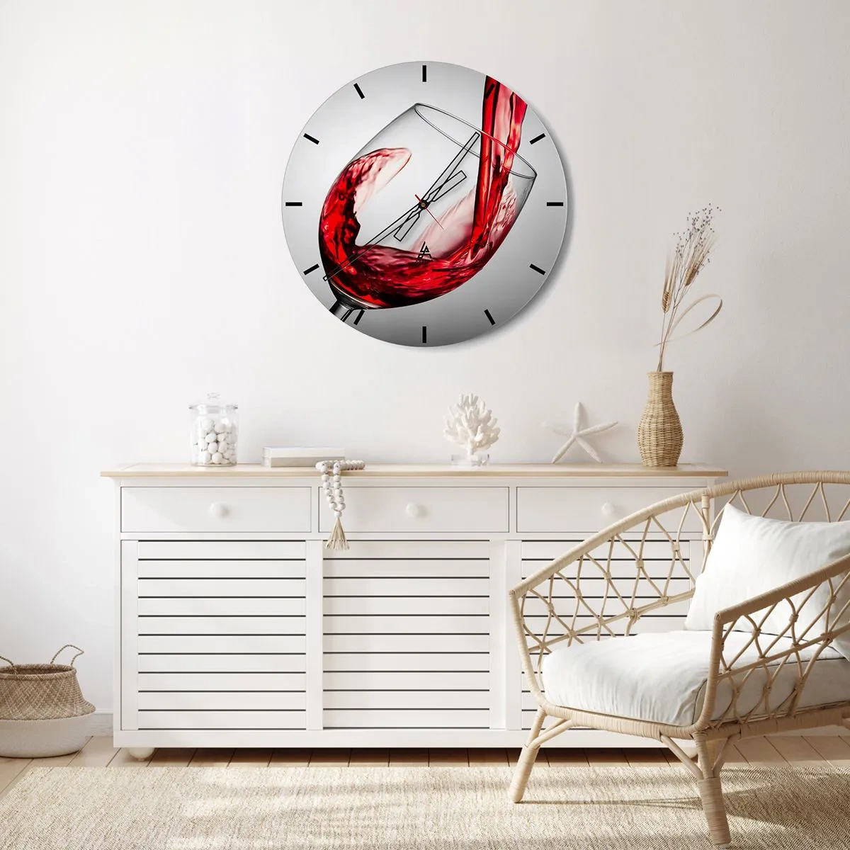 Väggklocka - Klocka på glas - Ett glas rött vin hälls upp - 30x30cm - Färg - rörelse - ljud - Modern väggdekoration för vardagsrum, kök och sovrum ARTTOR
