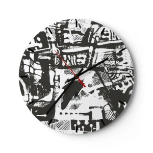 Väggklocka - Klocka på glas - Svartvitt abstrakt mönster med geometriska former - 30x30cm - Ordning eller kaos? - Modern väggdekoration för vardagsrum, kök och sovrum ARTTOR