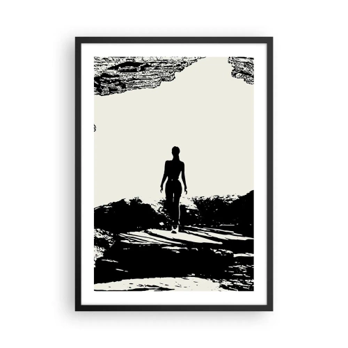 Affisch i svart ram - Silhuetten av en kvinna som kommer ut ur en grotta i kontrasterande stil - 50x70cm - En ny blick - Modern väggdekoration för vardagsrum och sovrum ARTTOR