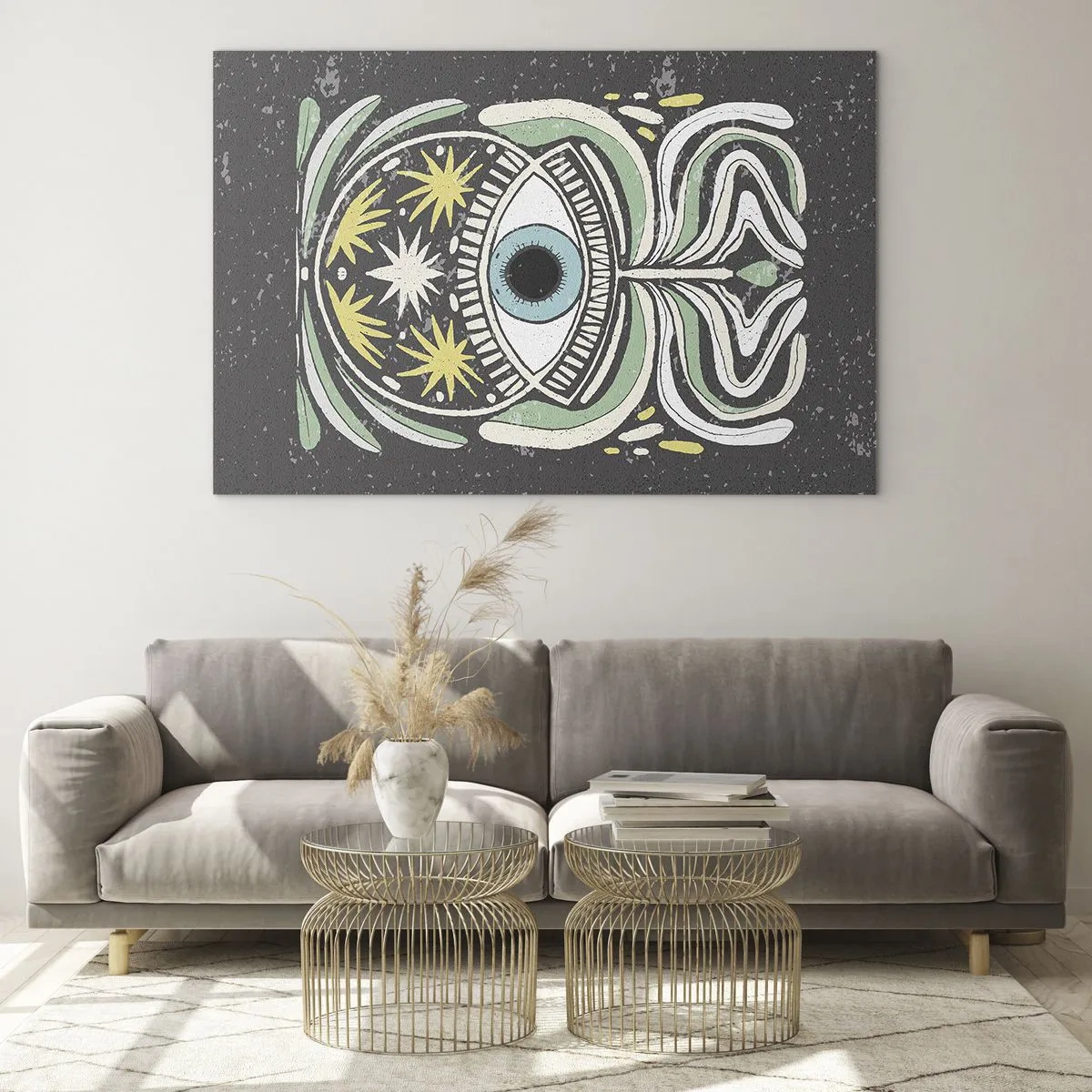 Glastavla - Bild på glas - Grafiskt öga med tribal ornamentik på en mörk bakgrund - 70x50cm - Stamritualer - Modern väggdekoration för vardagsrum och sovrum ARTTOR