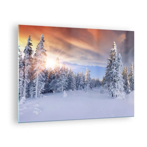 Glastavla - Bild på glas - Vinterlandskap med snötäckta träd vid solnedgången - 70x50cm - Naturens snöiga spel - Modern väggdekoration för vardagsrum och sovrum ARTTOR