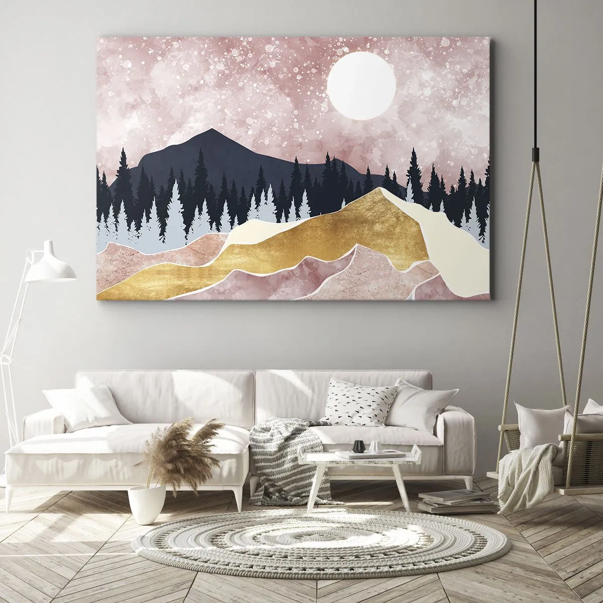 Canvastavla - Bild på duk - Färgglada berg mot en rosa himmel med en måne - 70x50cm - Nattvakt - Modern väggdekoration för vardagsrum och sovrum ARTTOR
