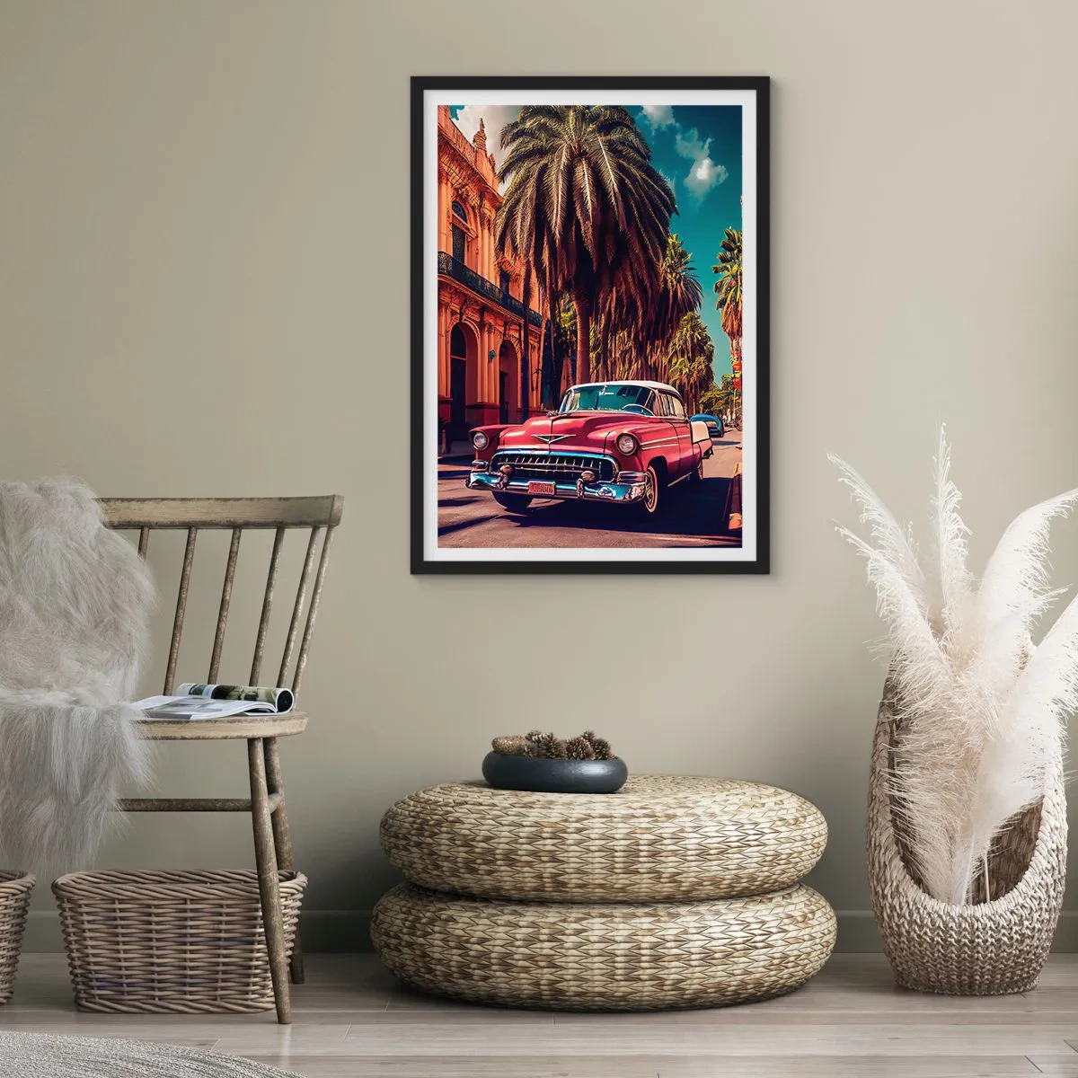Affisch i svart ram - En klassisk bil mot bakgrund av en tropisk stad - 50x70cm - Fortfarande i Havanna - Modern väggdekoration för vardagsrum och sovrum ARTTOR